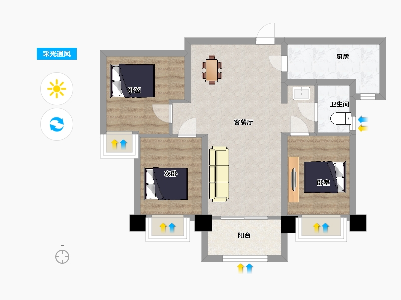 陕西省-西安市-逸景佲园1号楼95㎡-62.99-户型库-采光通风