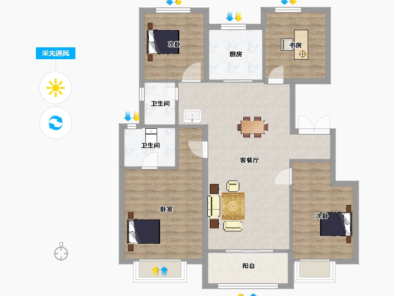 陕西省-西安市-金地格林云上1,2,3,5,6,7号楼130㎡-101.32-户型库-采光通风