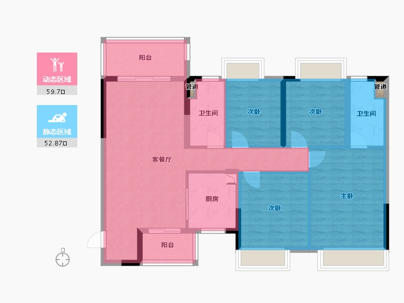 四川省-成都市-华润置地理想之城3号楼135m²-101.30-户型库-动静分区