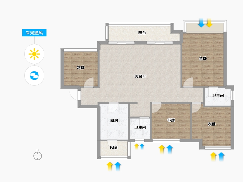 四川省-成都市-大发融悦和府Ｃ户型132m²-105.17-户型库-采光通风