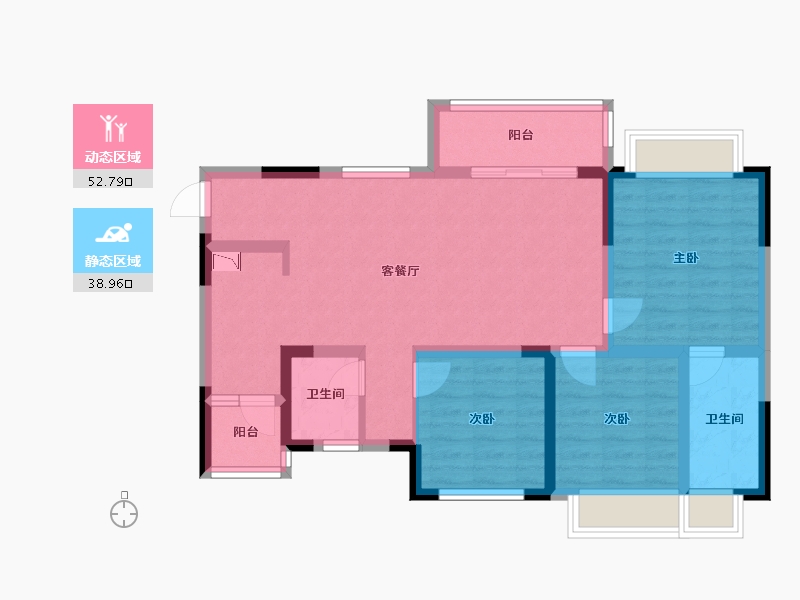 四川省-成都市-经典西悦城5栋（住宅）,6栋Ｂ2-2户型98m²-80.78-户型库-动静分区