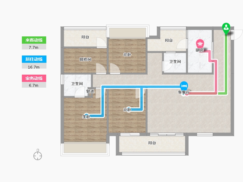 四川省-成都市-唐人街相府花园B2-1户型127m²-104.81-户型库-动静线