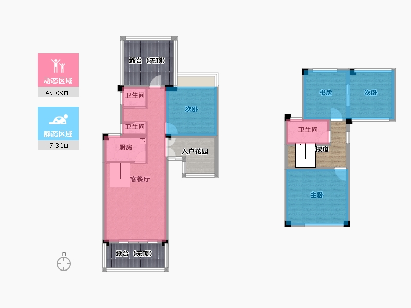 四川省-成都市-青城神韵二期C3层+跃层户型95m²-113.96-户型库-动静分区