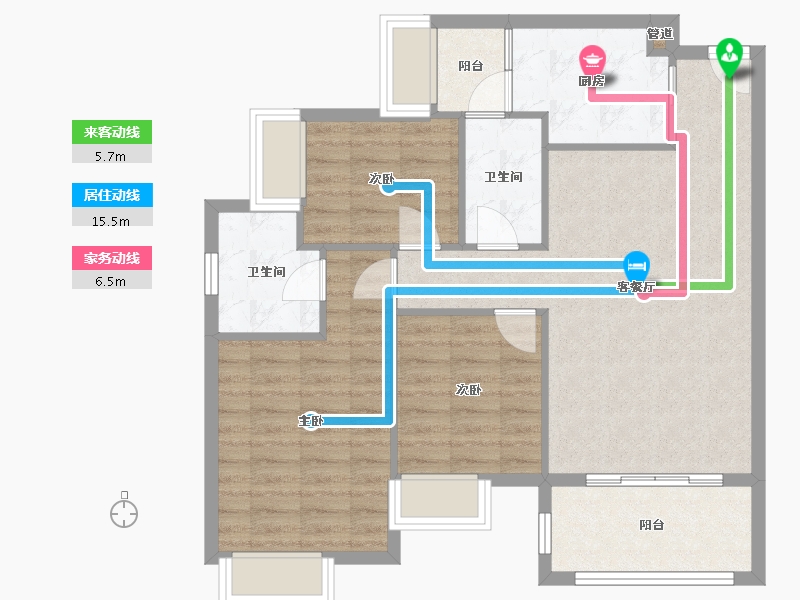 四川省-成都市-天府国际凤凰城E2户型107m²-85.27-户型库-动静线