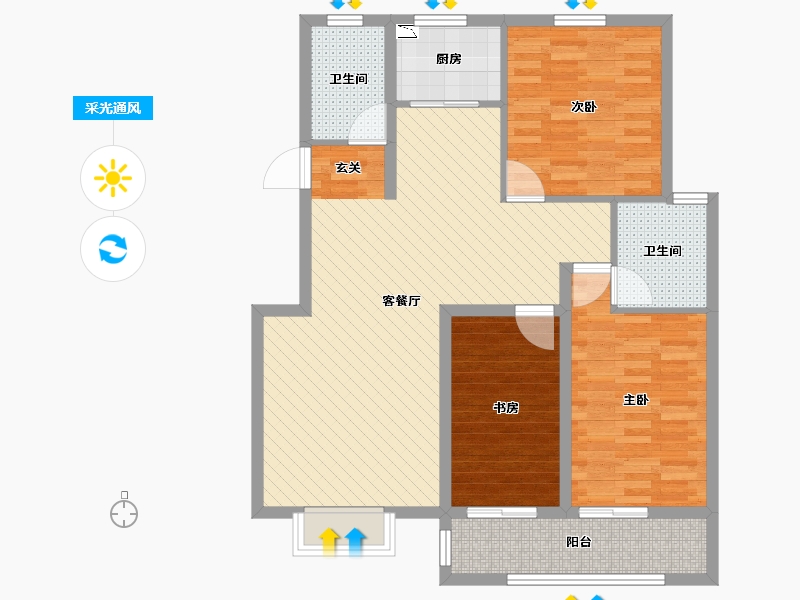 河北省-唐山市-福园小区39栋-95.75-户型库-采光通风