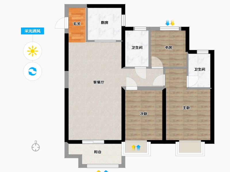 天津-天津市-雅居乐雅玥-77.58-户型库-采光通风