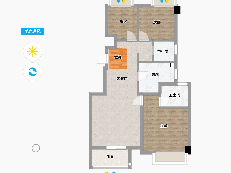 上海-上海市-卓越华润玲珑悦府-71.90-户型库-采光通风