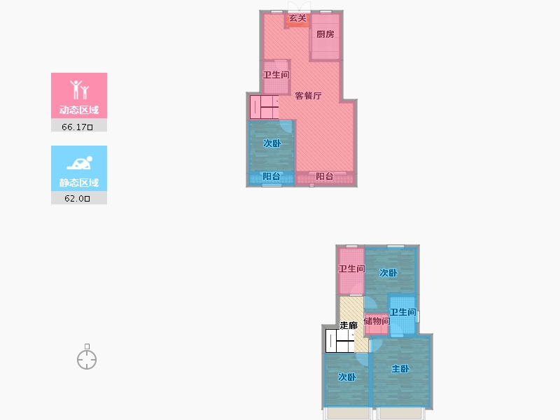 安徽省-亳州市-涡阳静天府叠墅YD2户型-120.65-户型库-动静分区