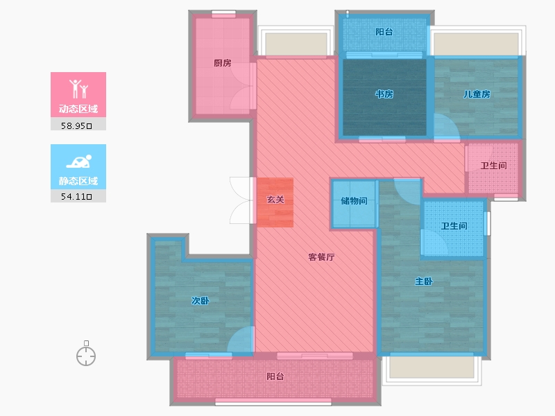 安徽省-亳州市-涡阳静天府洋房YC2户型-97.45-户型库-动静分区