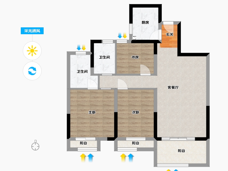 江苏省-扬州市-龙湖美墅-83.86-户型库-采光通风