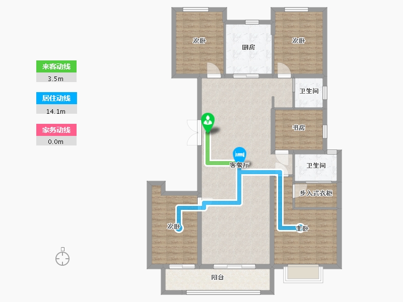 湖南省-长沙市-大汉汉园1号楼B户型169m²-126.27-户型库-动静线