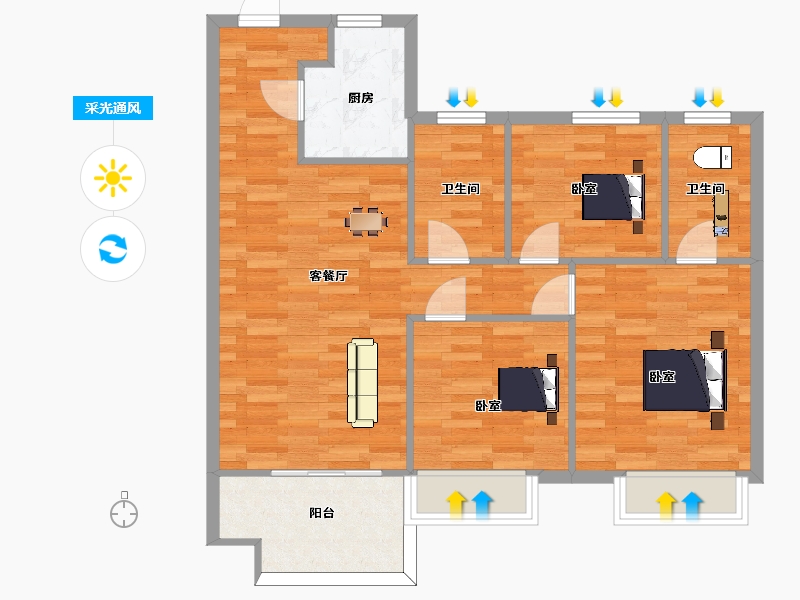 江苏省-南京市-中骏东原璟阅8,6,4,1幢B户型105m²-83.99-户型库-采光通风