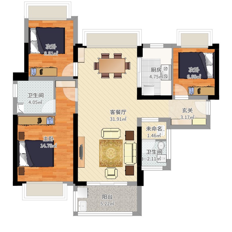 雅居乐御宾府10987㎡5/6/9栋平层1户型3室2厅1卫1厨