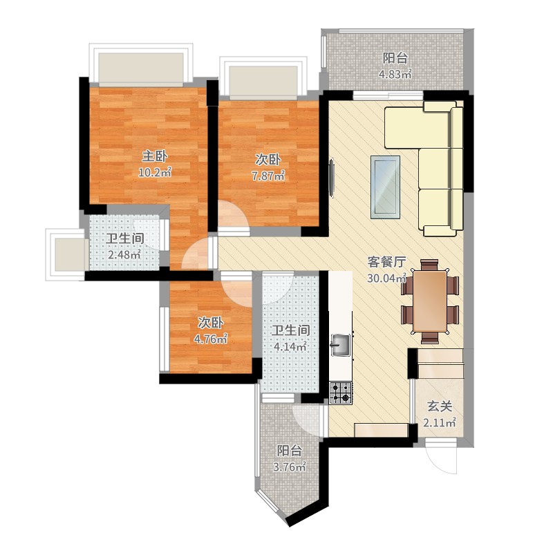 朗泓龙园大观8900㎡d/c户型3室3厅2卫1厨