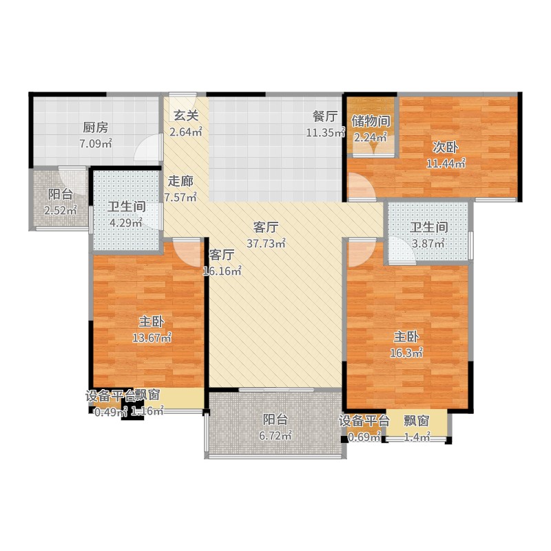 天龙 ・ 江陵郡都3室1厅2卫1厨135.00㎡户型图