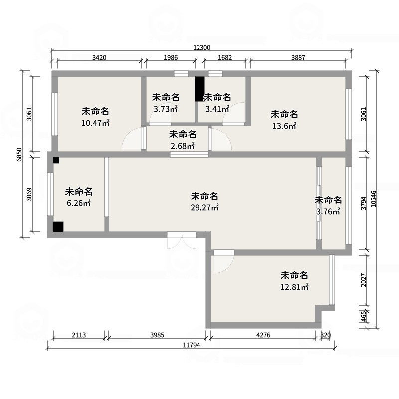图中是一个卧室的设计，卧室墙壁是白色的，地板是灰色的。卧室门是白色的，门把手是黑色的。图片的左上方是书桌，上面有一个橙色的书架，书桌上有一台电脑和一盏台灯，书桌旁边有一个灰色的椅子。书桌的左边有一个橙色的柜子，柜子上面有一个大的橙色的隔板。柜子和书桌组成了一个学习区。卧室的右侧是衣柜，衣柜门打开着，露出白色的柜子。