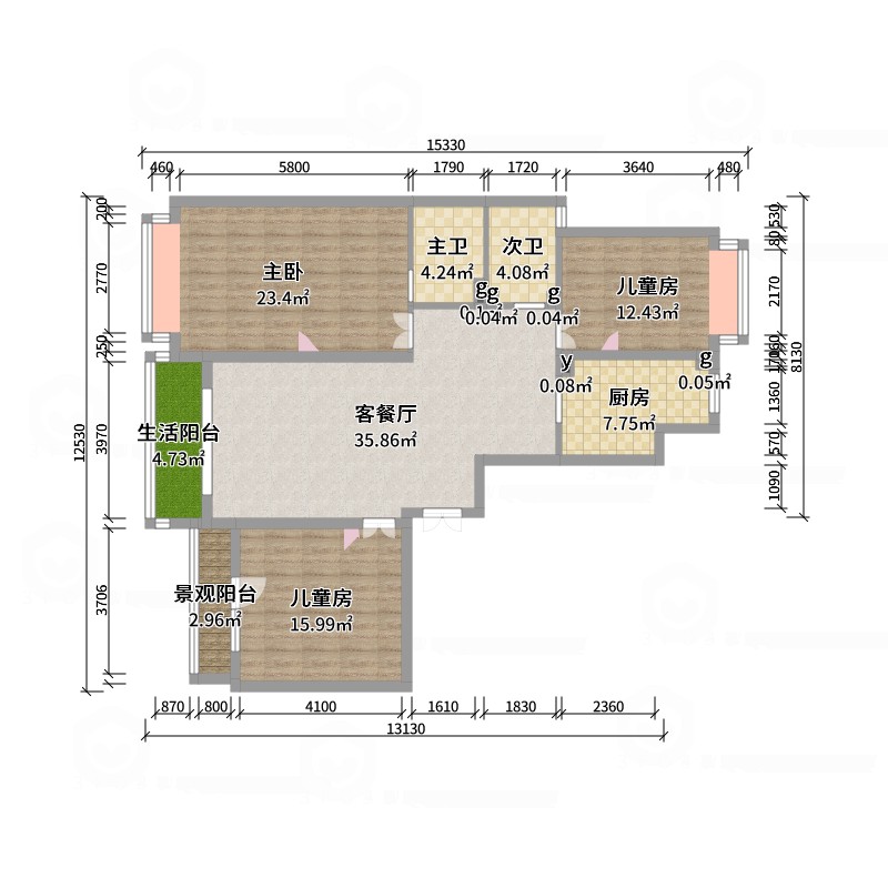 王思力-142平三居北京东方夏威夷--田园美式风-户型图概览