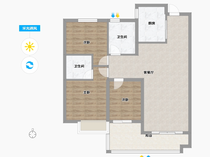 陕西省-西安市-水半湾空中花园-90.17-户型库-采光通风