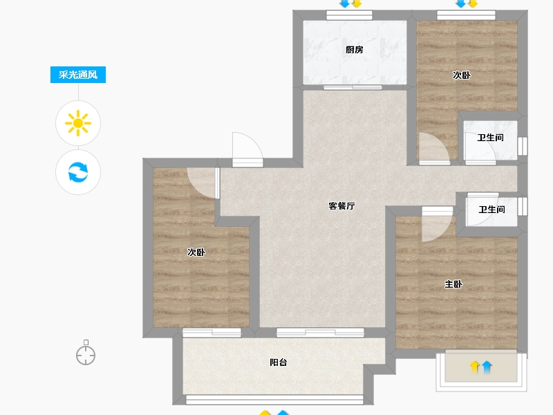 河北省-沧州市-宏宇海棠湾-63.76-户型库-采光通风