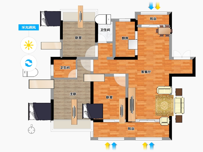 安徽省-淮北市-山水文园三期-96.80-户型库-采光通风