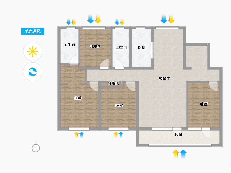 山东省-烟台市-融创蓝天壹號-124.00-户型库-采光通风