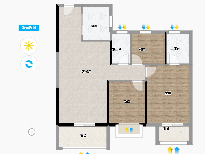 湖北省-武汉市-金色港湾君临水岸-83.67-户型库-采光通风