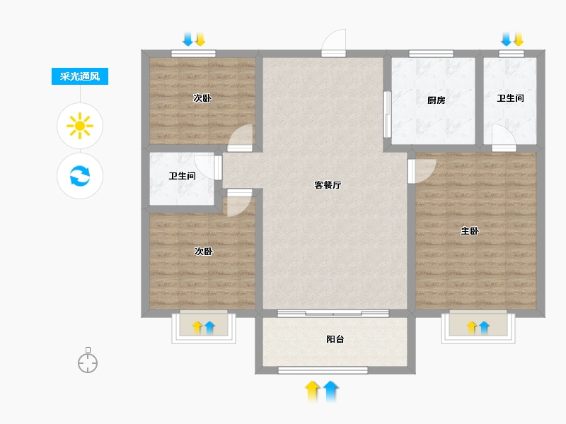 山西省-运城市-鑫洋中心城壹号院-103.87-户型库-采光通风