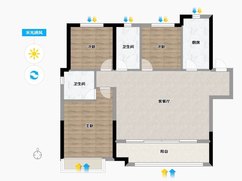 陕西省-西安市-绿地国港新里城-96.79-户型库-采光通风