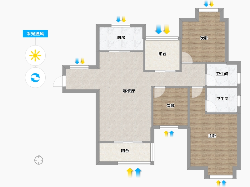 湖北省-武汉市-刘店村豪庭湖畔一期6栋一单元3层4室-91.90-户型库-采光通风