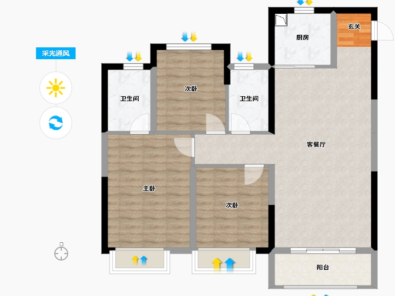 陕西省-西安市-中梁国宾府-90.56-户型库-采光通风