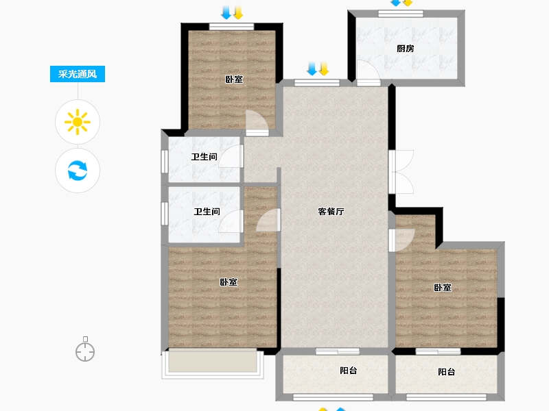 江苏省-扬州市-时润蓝湾-105.00-户型库-采光通风