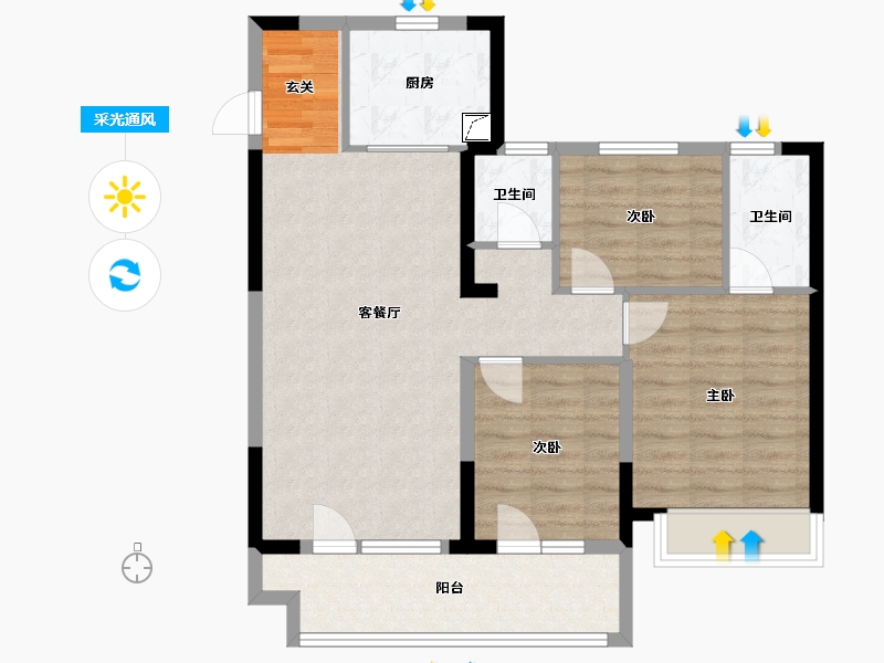 山东省-青岛市-蔚蓝天地-83.97-户型库-采光通风