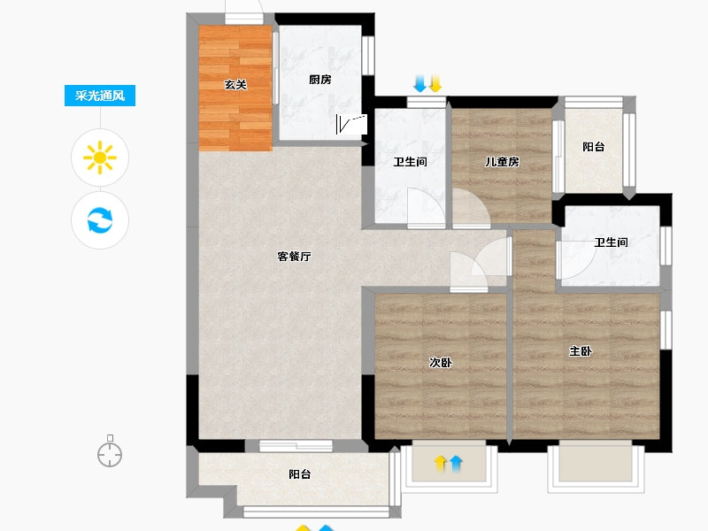 广东省-惠州市-融创玖樟台-69.25-户型库-采光通风