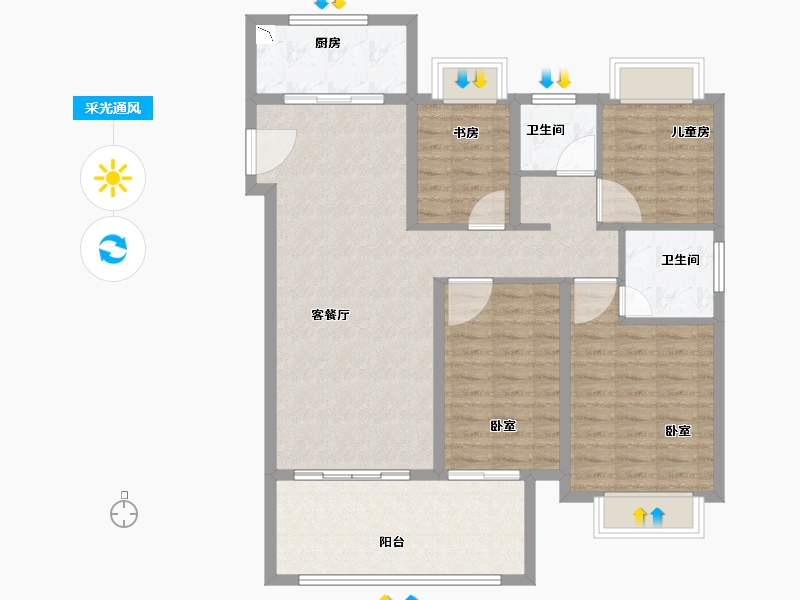 湖北省-荆州市-雅居乐锦城-104.00-户型库-采光通风