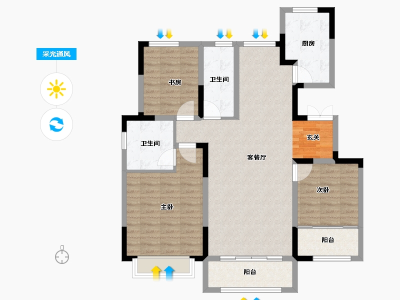 山东省-淄博市-鸿嘉星城·观澜甲第-104.00-户型库-采光通风