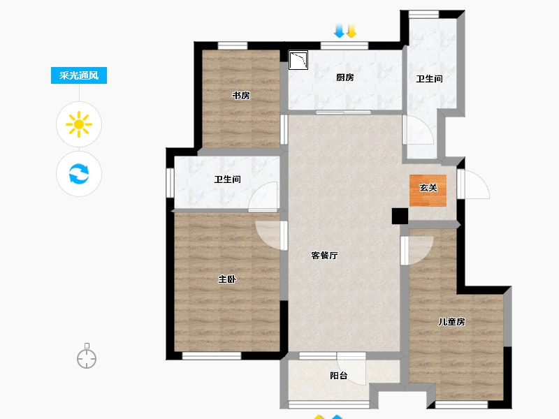 山东省-烟台市-世茂揽樾-83.00-户型库-采光通风