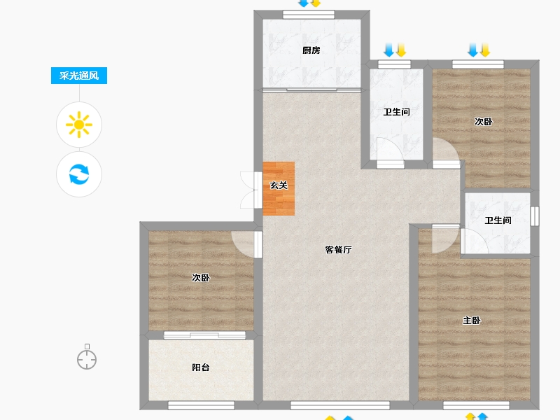 山东省-淄博市-民泰龙泰贵府-90.47-户型库-采光通风