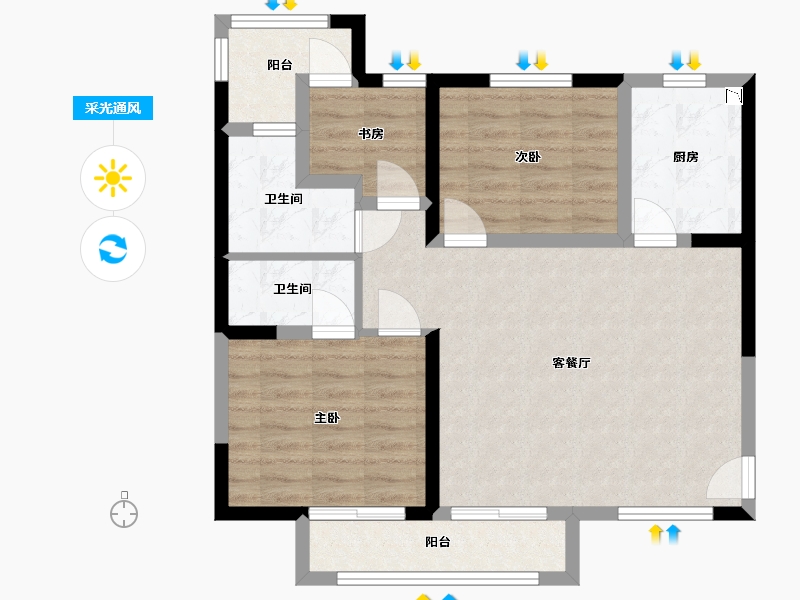 湖北省-武汉市-禹洲翡丽公馆3期-76.65-户型库-采光通风