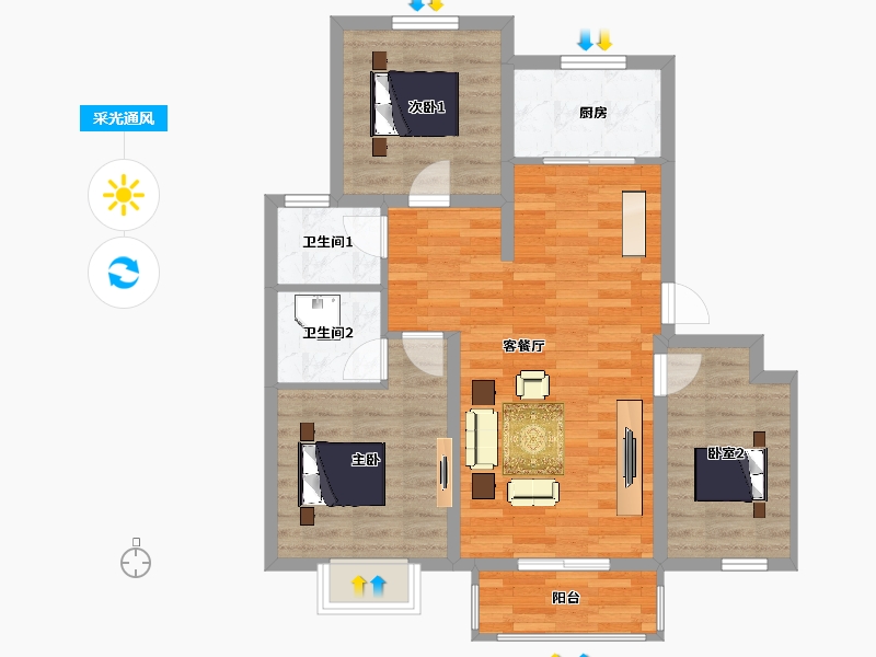 河北省-唐山市-巴斯御景湾-77.00-户型库-采光通风