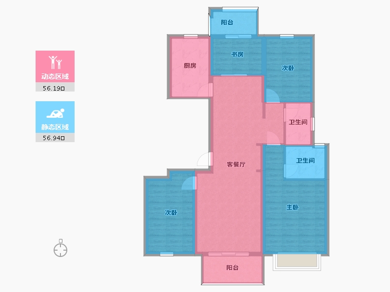 湖南省-长沙市-美的梧桐庄园3栋5栋A户型129m²-101.62-户型库-动静分区