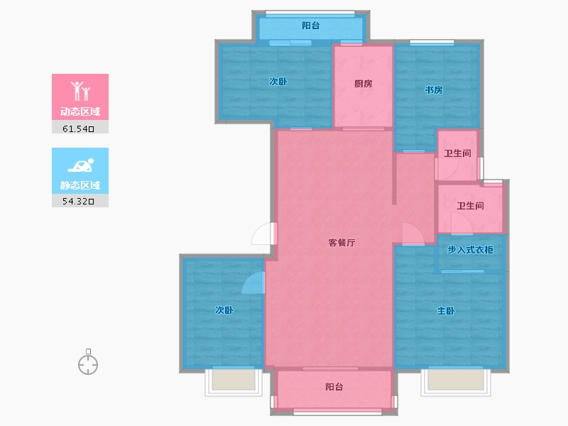 湖南省-长沙市-和泓融成府G1栋G2栋G4栋G7栋B户型128m²-105.57-户型库-动静分区