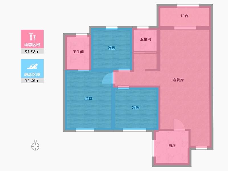 湖南省-长沙市-佛奥康桥水岸5，7，4号楼E1户型95m²-72.21-户型库-动静分区