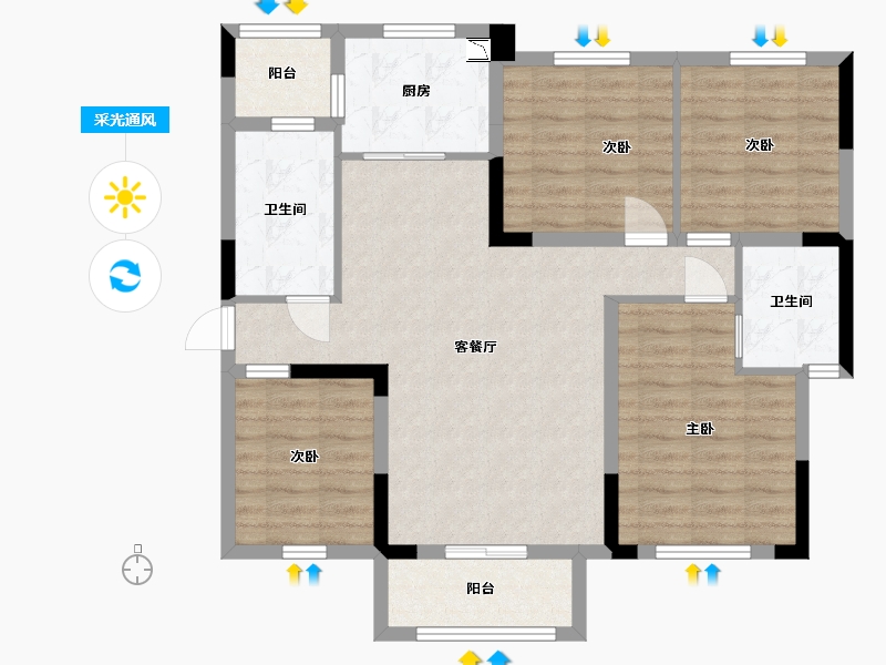 湖南省-长沙市-佛奥康桥水岸5，7，4号楼E2户型122m²-94.92-户型库-采光通风