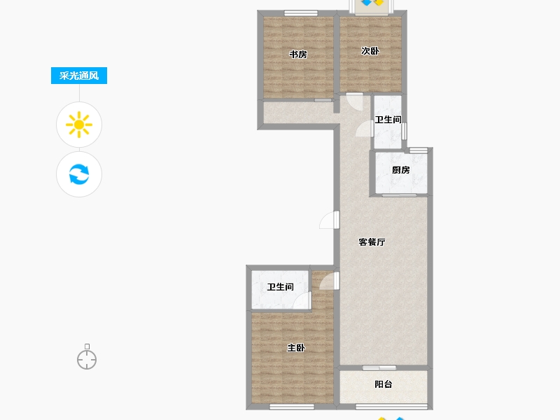 江苏省-苏州市-睿怡庭7,8,9栋B户型120m²-96.20-户型库-采光通风