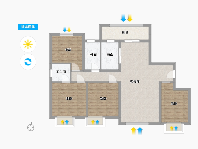 湖南省-长沙市-大汉汉府1,2,3栋A1F1F2户型130m²-93.67-户型库-采光通风