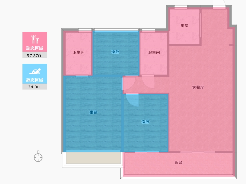 江苏省-苏州市-仁恒河滨花园8栋A户型105m²-84.01-户型库-动静分区