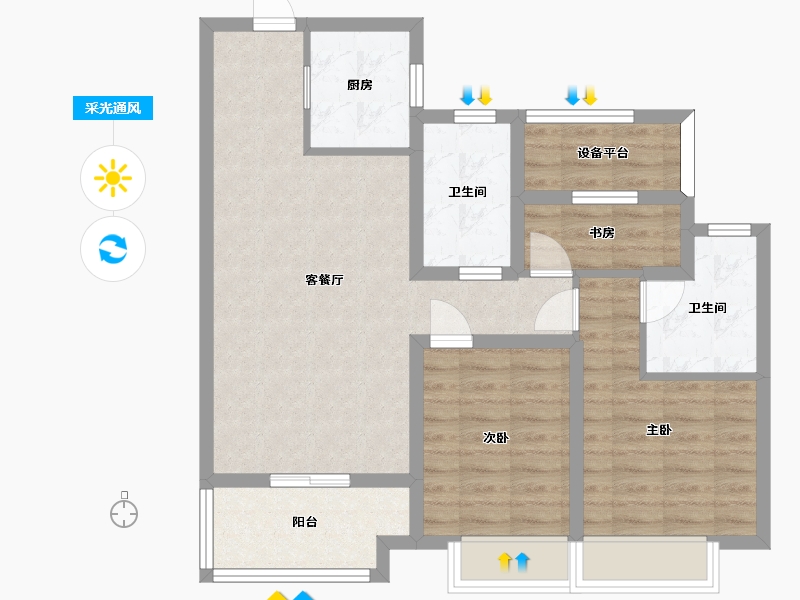 江苏省-苏州市-观溪和园1,2,3栋,I户型95m²-79.86-户型库-采光通风