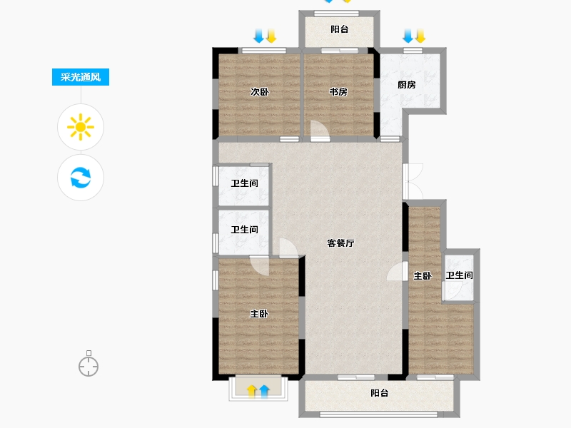 湖南省-长沙市-大汉汉园3号楼D1户型156m²-124.35-户型库-采光通风