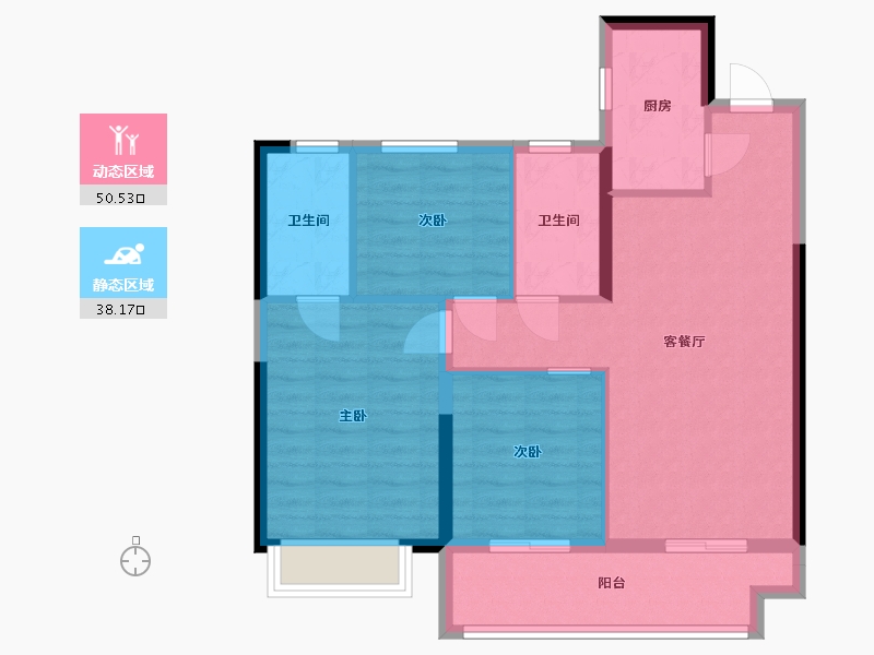 湖南省-长沙市-金辉优步学府8栋,1栋A1户型99m²-79.58-户型库-动静分区