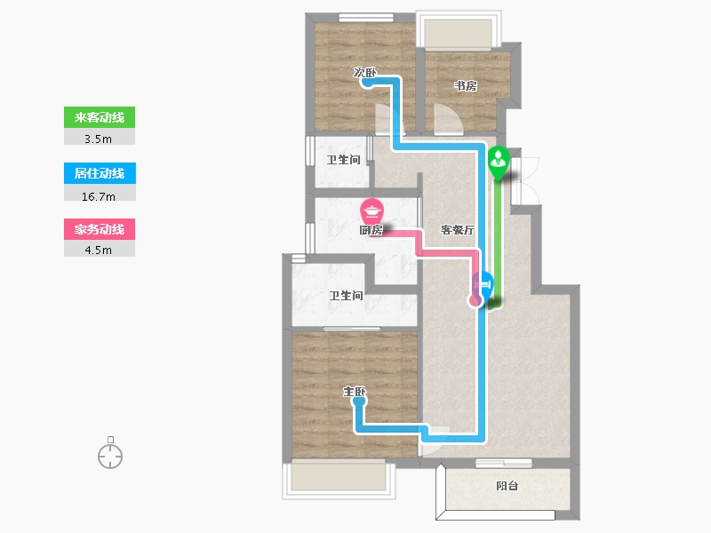 湖南省-长沙市-和泓桃李春风D32栋B户型88m²-69.99-户型库-动静线